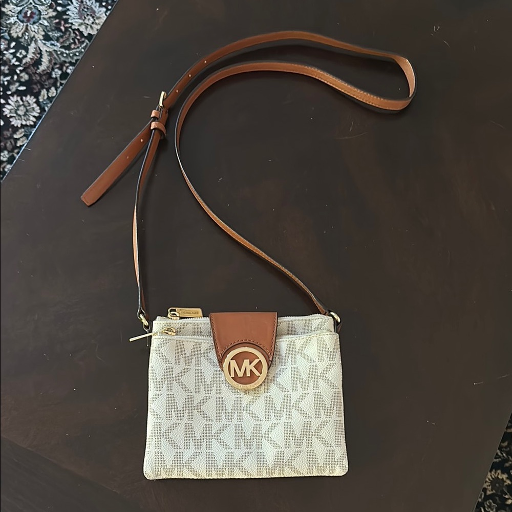 Michael Kors Cream and Brown Crossbody Bag with Monogram Print